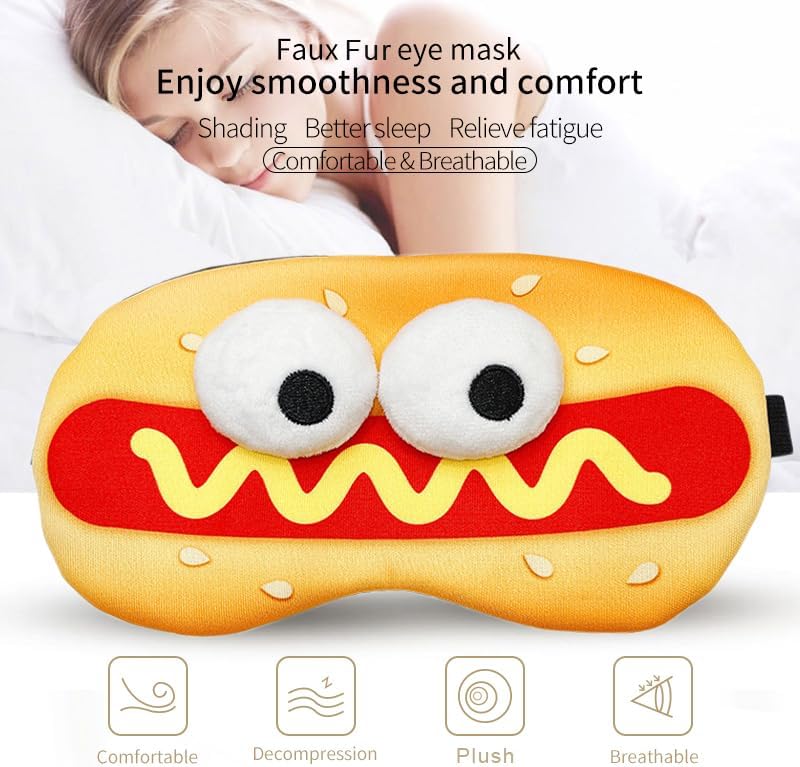 PERFECTSIGHT Sleep Eye Masks, Cute Plush Sleep Eye Cover Lightweight Adjustable Eyeshade Faux Fur Mask Cover for Women Men Sleep Travel Nap (Hotdog)