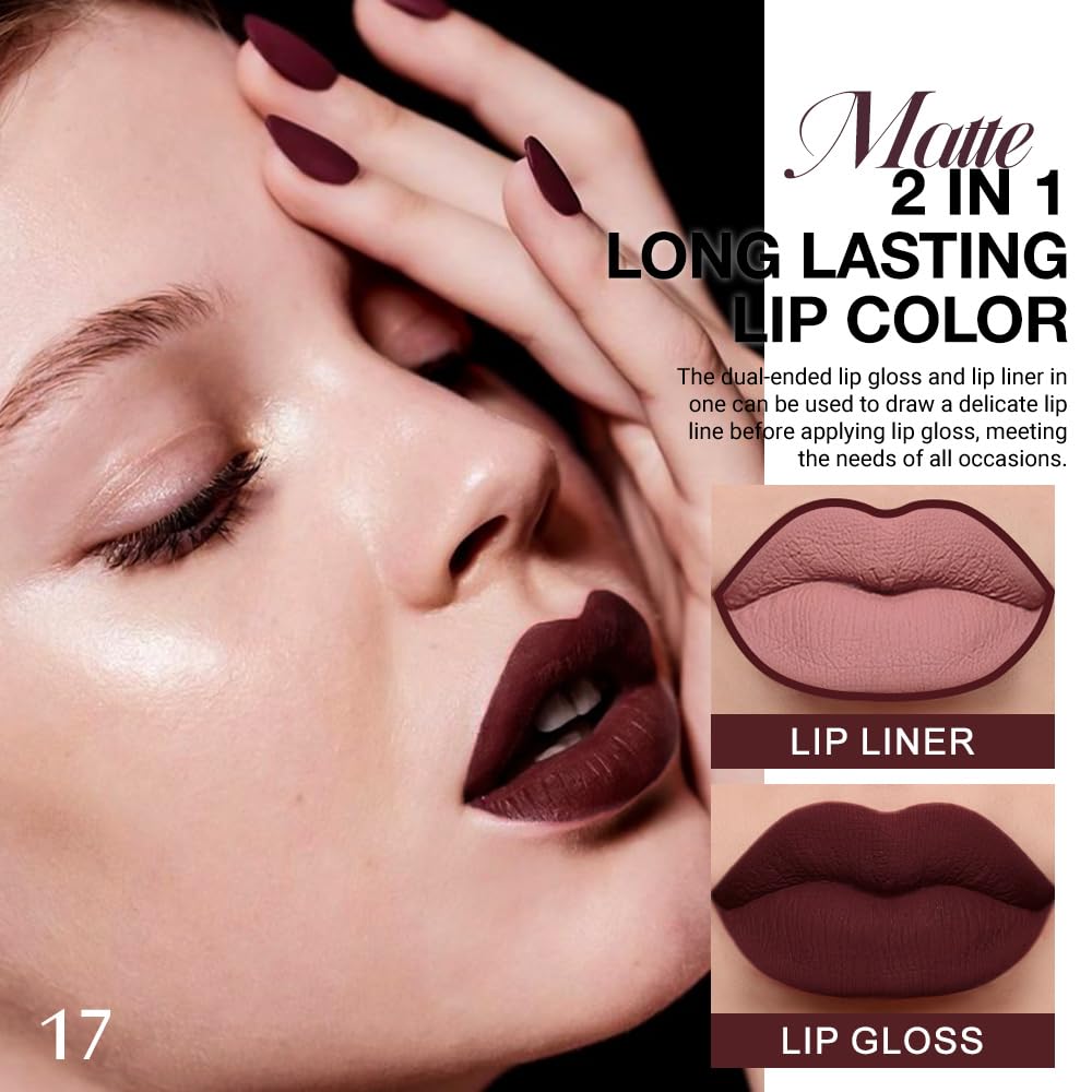 evpct 1Pcs Dark Deep Red Matte Lip Liner and Liquid Lipstick Stain Makeup Set for women, Red Long Lasting Smudge Proof Lipstick labiales matte mate larga duracion listip 24 hours originales,17#