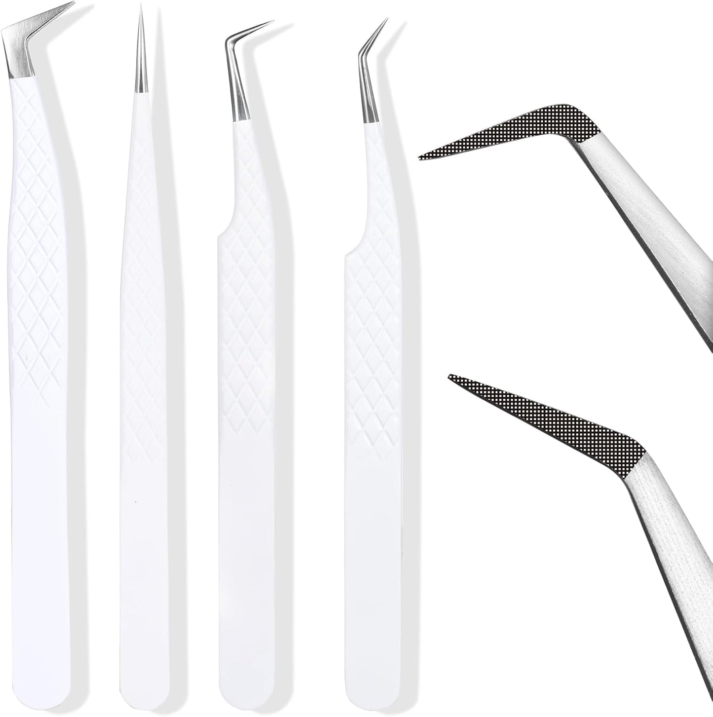 Fiber Tip Lash Tweezers For Eyelash Extension 4 Pcs Tweezers Professional Artist Tech Work Kit Tools,Best Volume Eyelash Extensions Precision 90 45 Degree(White Silver)