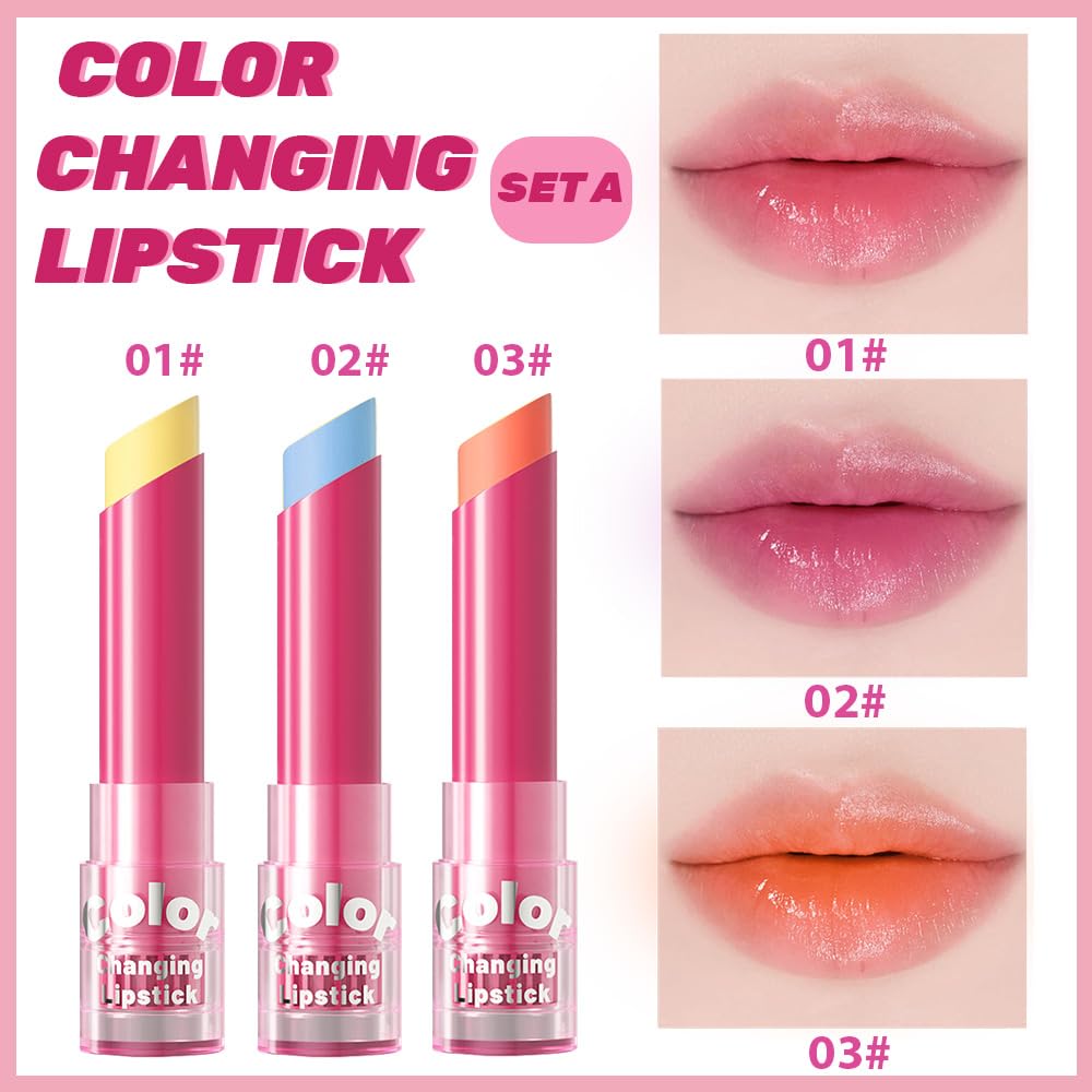 BINGBRUSH Color Changing Lipstick Set, PH Mood Peach Lip Balm and Gloss, Long Lasting Tinted Lip Stain (Set-A #01#02#03, 3 Count (Pack of 1))