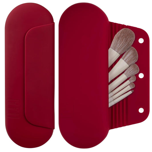 Silicone Makeup Brush Holder Travel Cosmetic Bag：Soft Portable Cosmetic Face Brushes Holder with Upgrade Anti-Fall Out Magnetic Closure, Large Travel Makeup Brush Case - Red