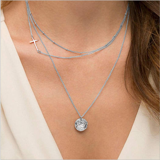 Boho Layering Disc Pendant Necklace Silver Jesus Choker Necklaces Beaded Chain Jewelry Adjustable for Women and Girls