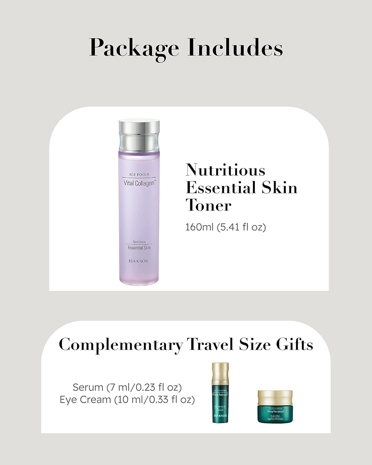 ISA KNOX Age Focus Vital Collagen Essential Toner, Prime Wrinkle for All Serum & Prime Eye for All Cream with Vitamins C, B12 & E (177 ml/5.99 fl oz) Korean Skincare