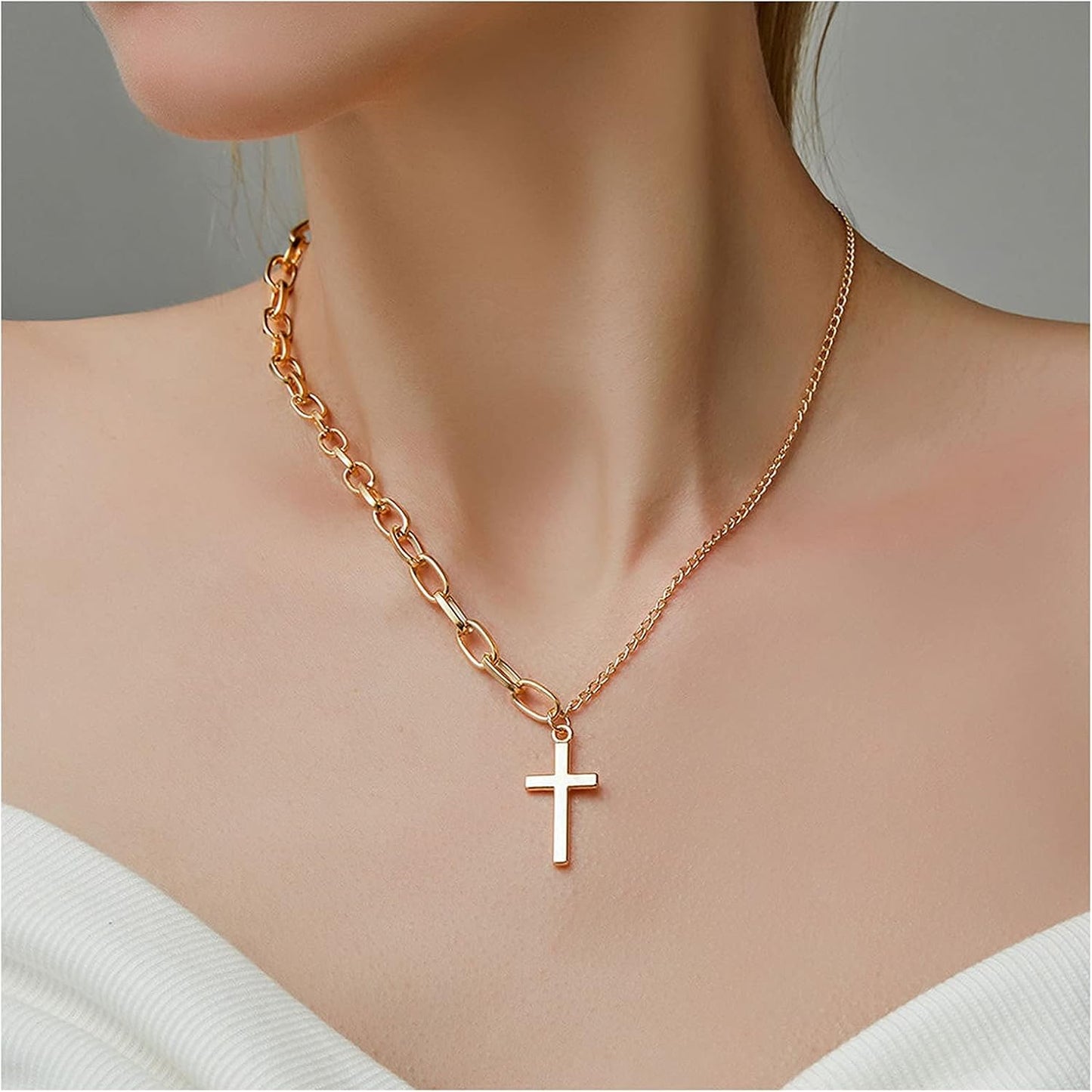 Simple Cross Necklace Asymmetric Chain Cross Pendant Necklace Paperclip Chain Fashion Jewelry for Women and Girls