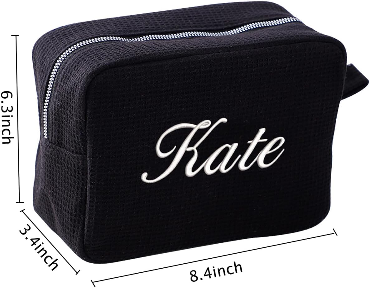 GOPHIE Personalized Embroidered Makeup Bag,Custom Waffle Fabric Cosmetic Pouch for Women, Travel Makeup Pouch (3, Black)