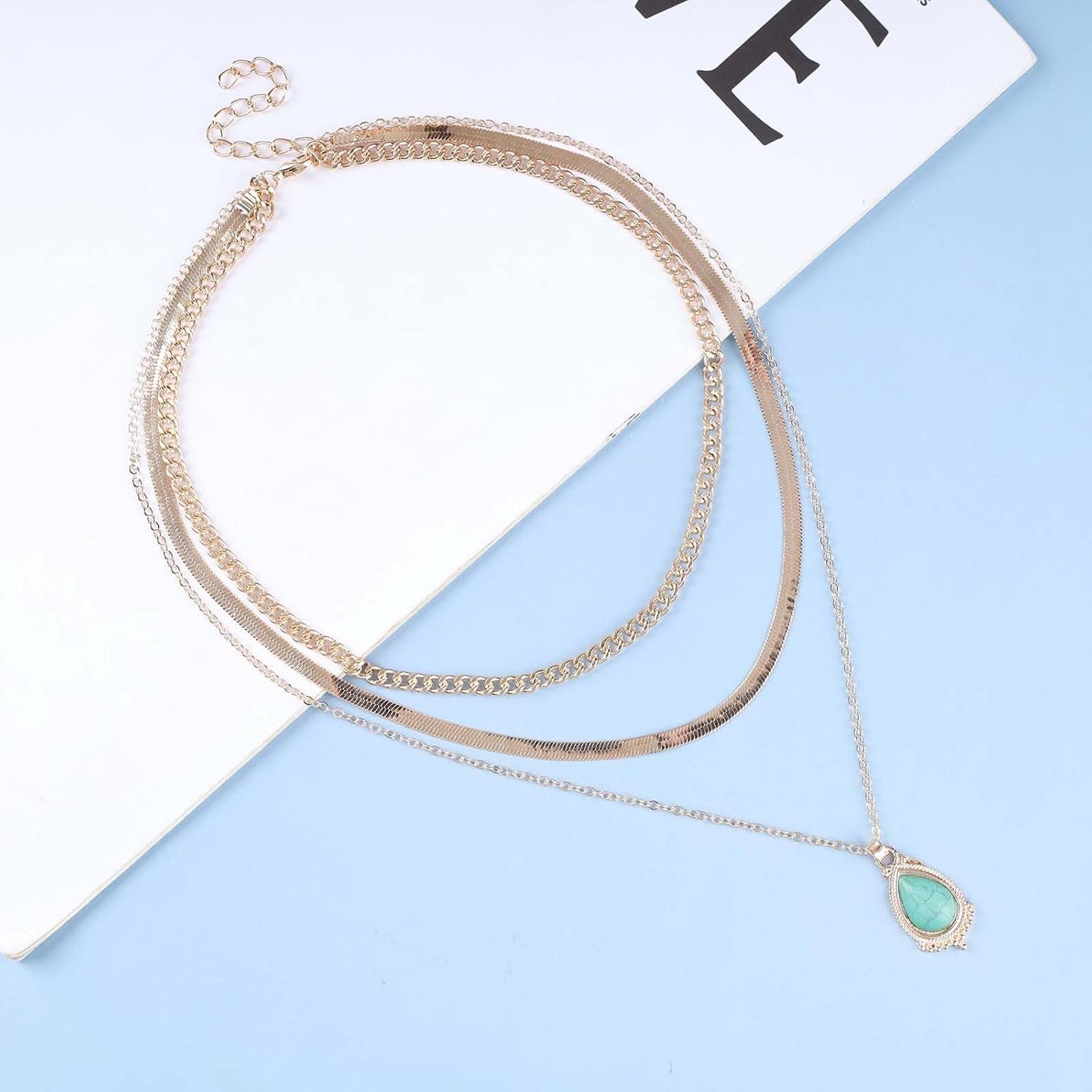 Vintage Layered Turquoise Necklace Turquoise Pendant Necklace Blue Stone Bead Choker Necklace Gold Snake Herringbone Chain Necklace Jewelry for Women