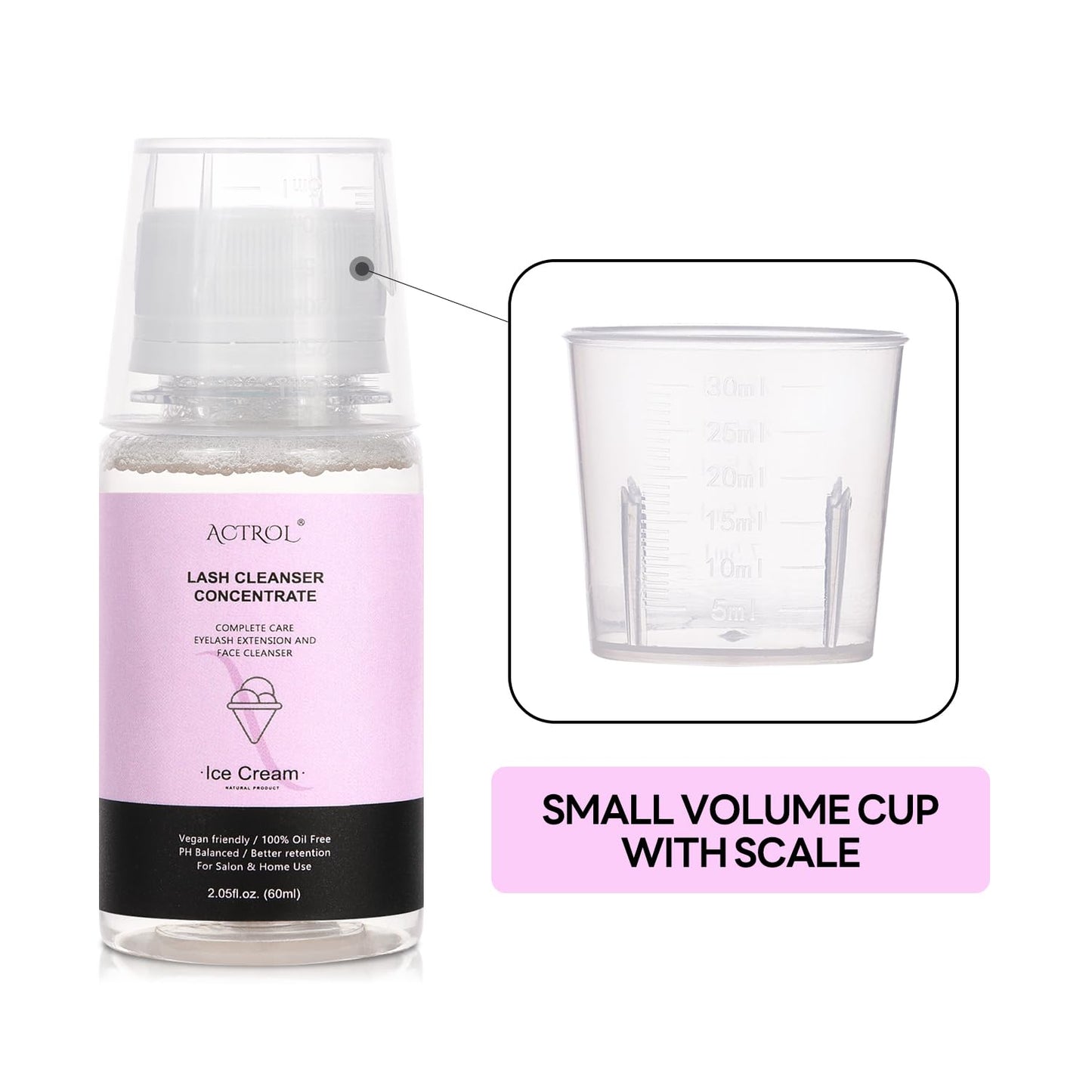 Eyelash Cleanser Concentrate 60ml Ice Cream Professional Lash Shampoo Foaming Cleanser DIY Paraben & Sulfate Free Non-lrritating Wash for Extensions Lashes with Salon Home Care-Makes 6 Bottles