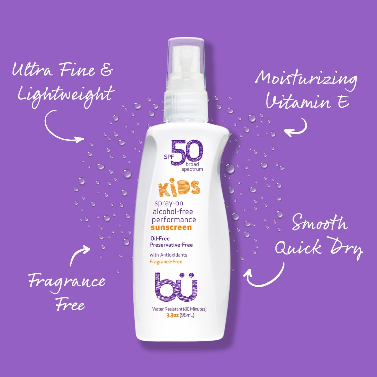 BU SPF 50 Fragrance Free Kids Sunscreen Spray for Face and Body, TSA Travel Size Sunscreen, Clear Non Aeorsol Spray, Non Greasy, Water Resistant and Oil Free, 3.3 oz and 1 oz (2-Piece Bundle)