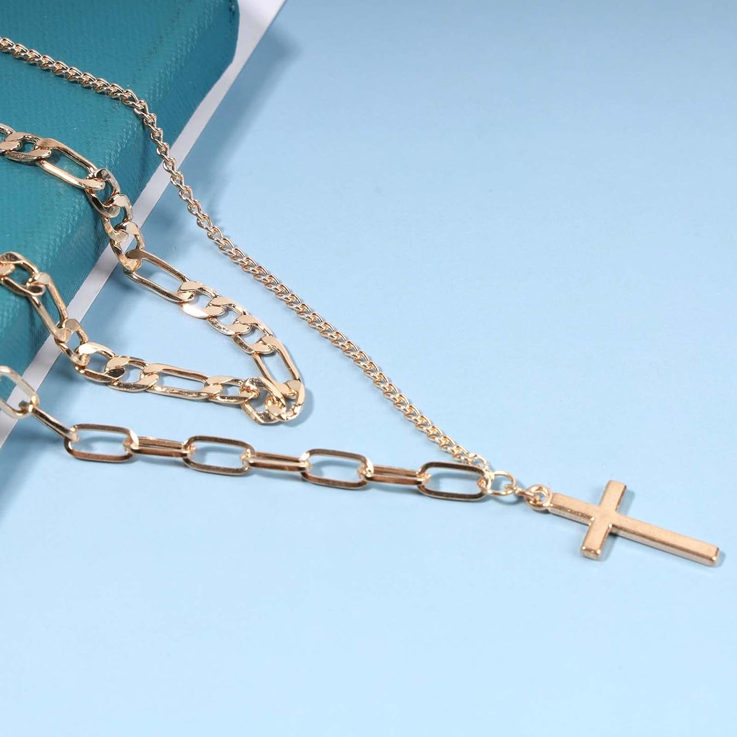 Vintage Layered Cross Necklace Choker Gold Cross Pendant Necklace Figaro Chain Necklace Layering Chunky Chain Choker Necklace Religious Jewelry for Women and Girls