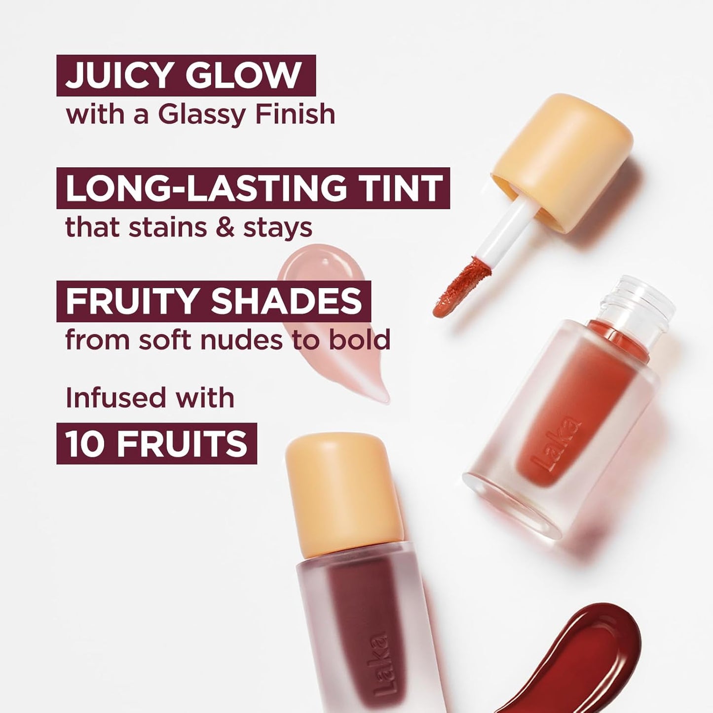 Laka Fruity Glam Lip Tint Mini, Glowing Lip Stain with Wide Color Spectrum, Hydrating & Lightweight Texture, Long-Lasting Bold Stain, Non-Sticky, Vegan, K-Beauty (#101 Joyful)