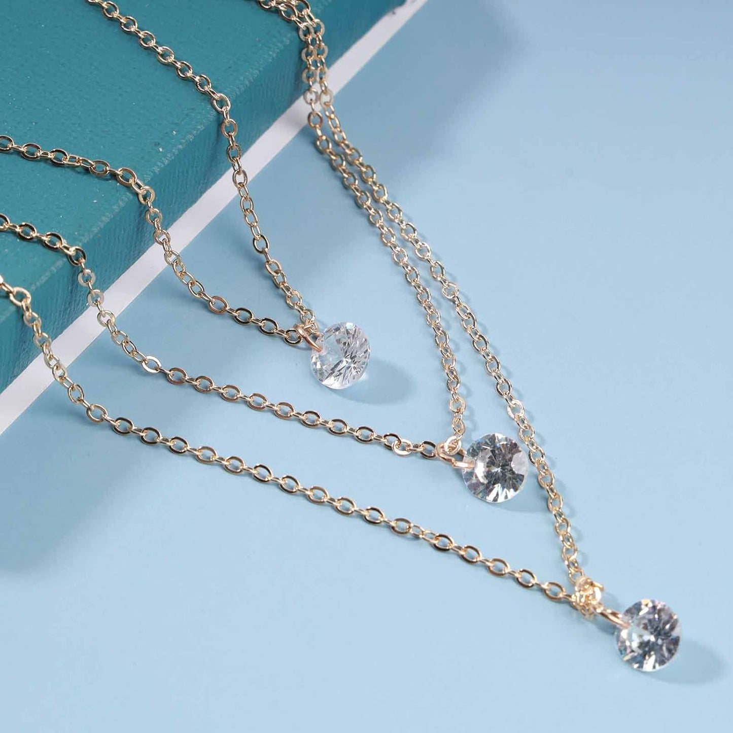 Boho Layered Crystal Necklace Choker Gold Bezel Pendant Necklace Multi Layering Vintage Necklace Chain Cz Bridal Necklace Chain Jewelry for Women and Girls