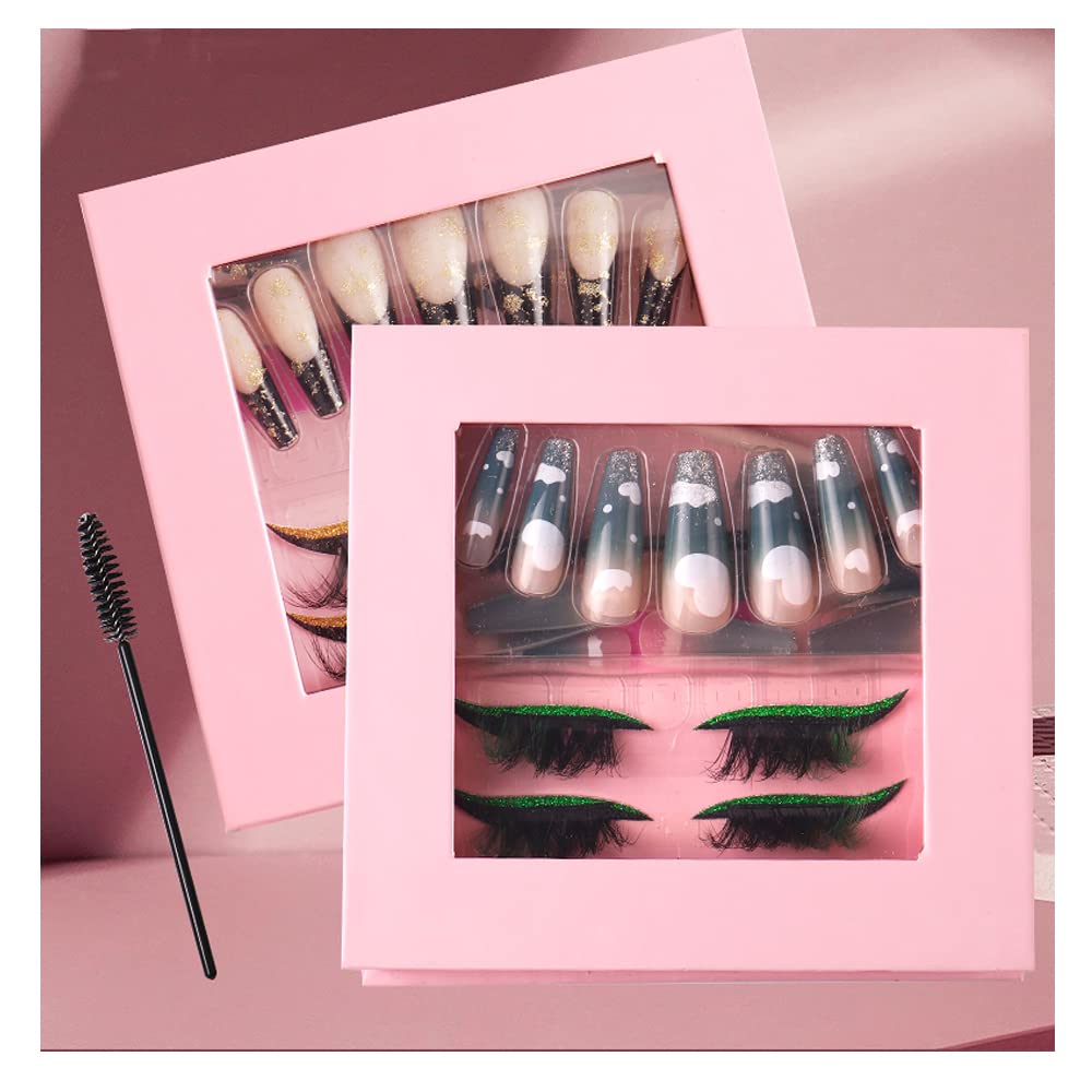 HBZGTLAD 3 in1 color eyeline Press On Nail with Eyelash Packing Boxes Set Package Pink White DIY Lashes and Nail Suit Box 1set… (SET-52)