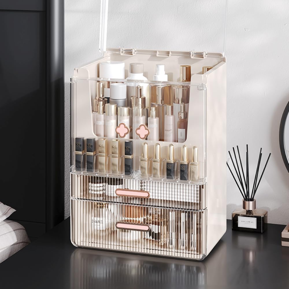 Acrylic Makeup Organizer with Drawers – 38.5CM Large Capacity Cosmetic Storage Box, Dustproof & Waterproof Vanity Organizer for Skincare, Jewelry, Lipsticks & Beauty Products (White)