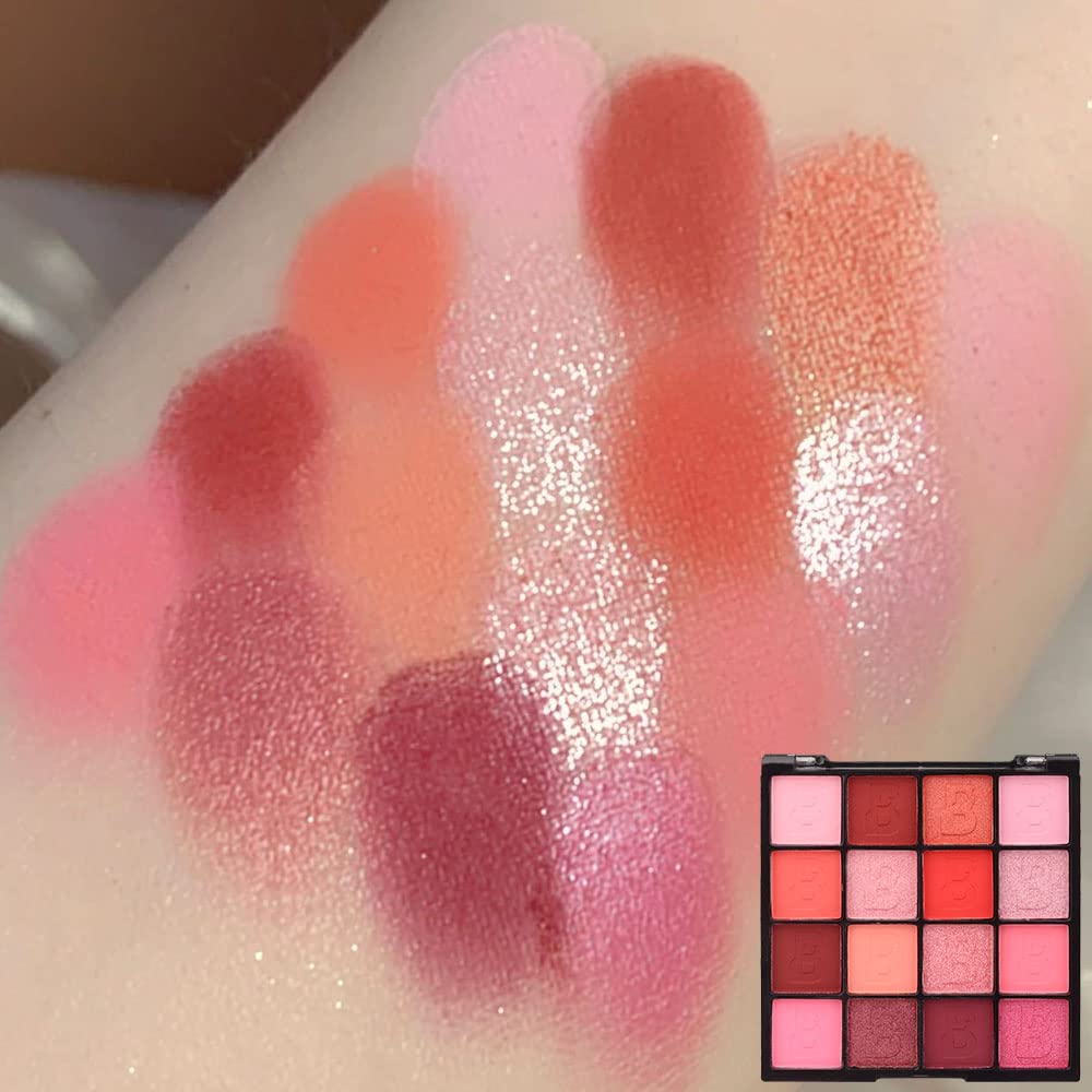 16 Girds Colorful Matte Shimmer Eyeshadow Palette for Eye Makeup,High Pigmented Eye Shadow Primers Powder Palet de sombras de ojos-Pink Red#