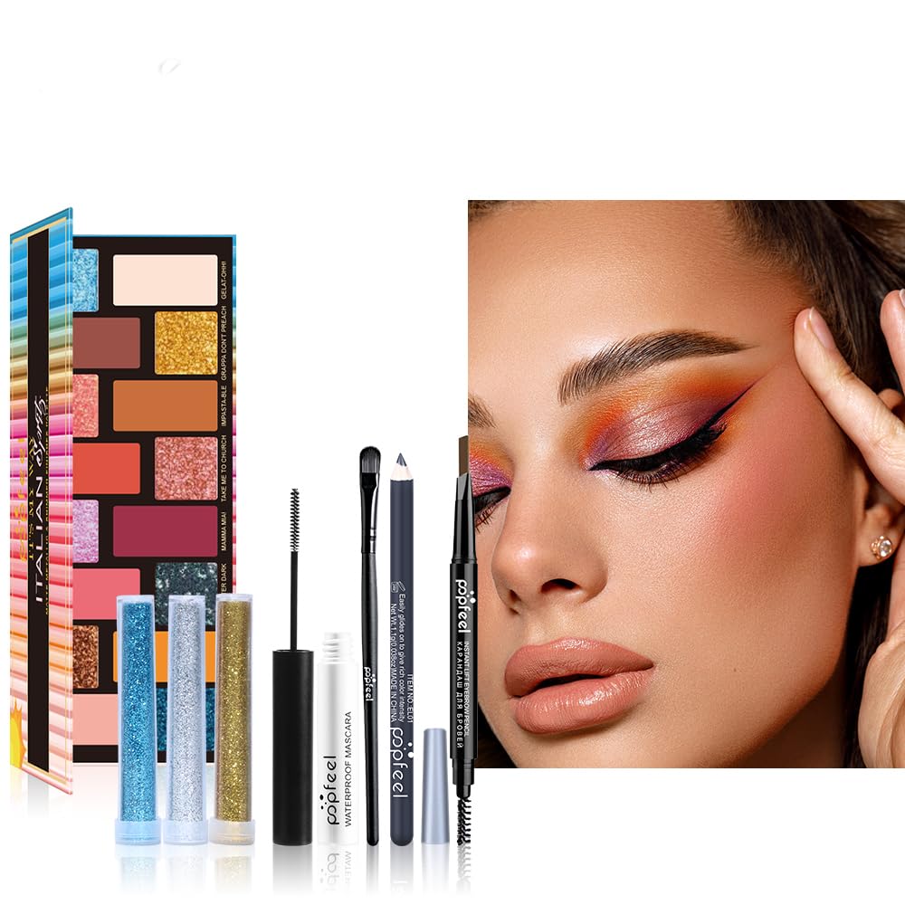 All in One Eyeshadow Palette Makeup Set, Makeup Kit with Rich Color Matte Matalic Shimmer Shadow, Mascara, Concealer Lipstick,Travel Makeup Bundle Holiday Surprising Makeup Box for Women Girl