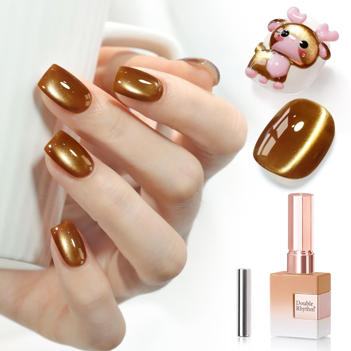 Double Rhythm 0.5 Oz Cat Eye Gel Polish with Magnet Same Color Same Bottle Holographic Glitter Shimmer Translucent Color Salon 15 ML Magnetic Nail Art (Olive Brown-MC1278)