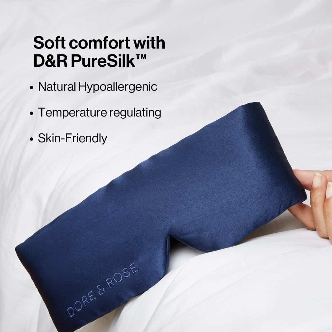Dore & Rose Deep Sleep Mask Light Blocking, 23 Momme Mulberry Silk Eye Mask, Ultra Soft, Adjustable - Travel Sleeping Mask for Men & Women - Dark Blue