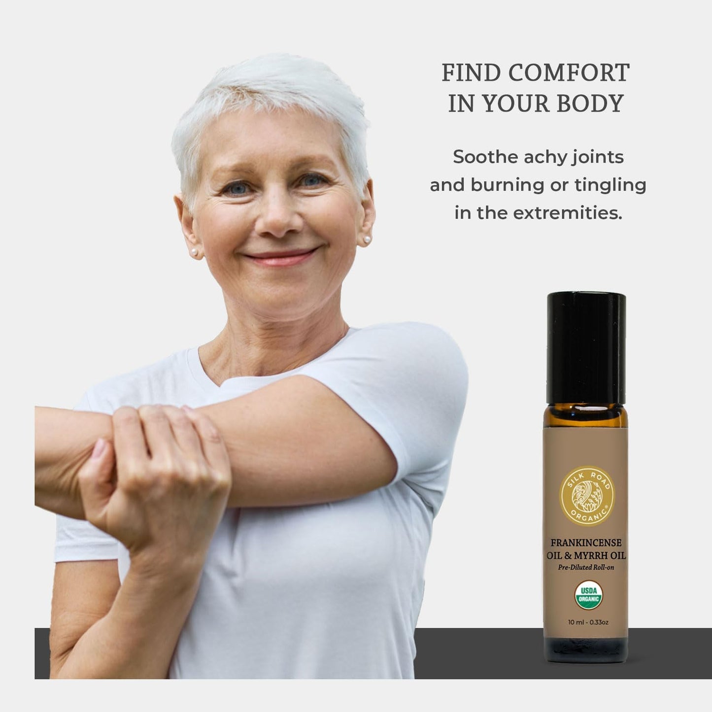 Silk Road Organic Frankincense Oil & Myrrh Essential Oil Roll On, 100% Pure USDA Certified Aromatherapy for Body Aches, Stiffness & Tingling, Stress Relief, & Skin - 10 ml Roller