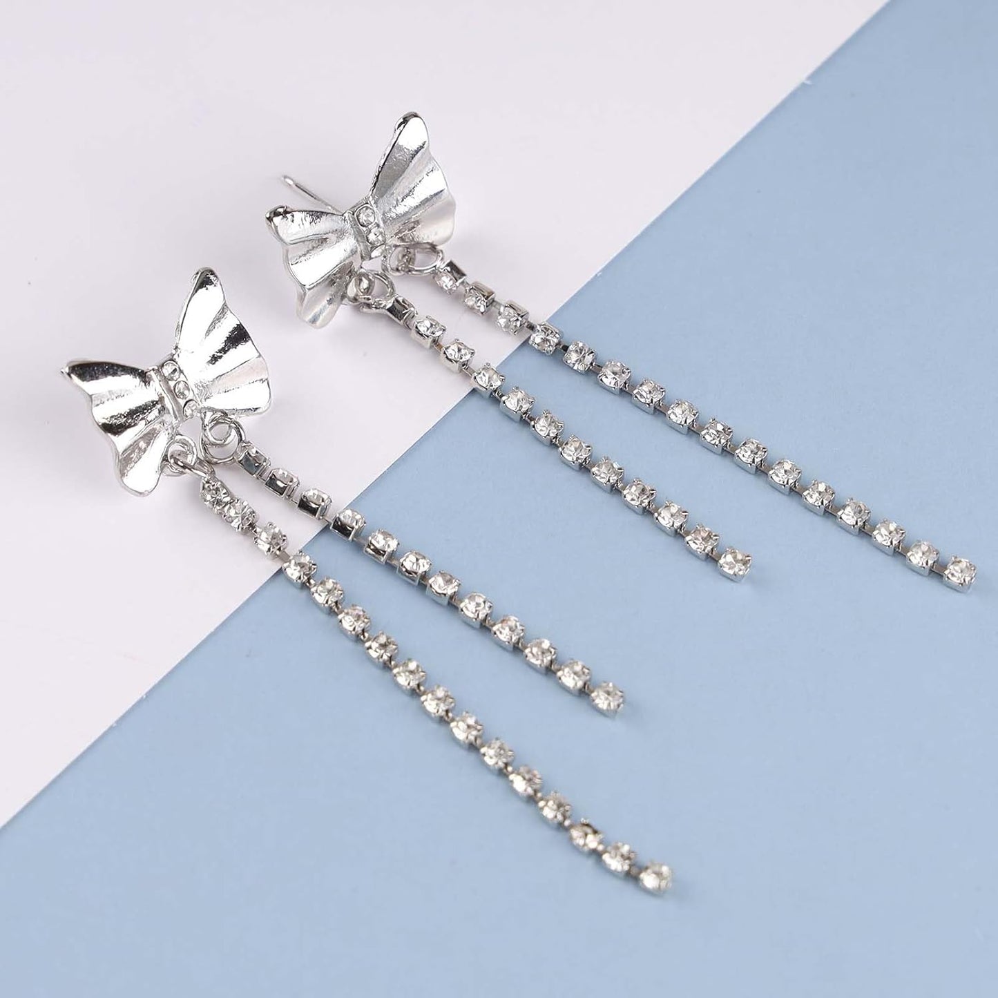 Vintage Bow tennis chain Drop Earrings Long Crystal Chain Earrings Silver Bow Cz Tassel Earrings Sparkly Cz Bowknot Stud Earrings Jewelry for Women