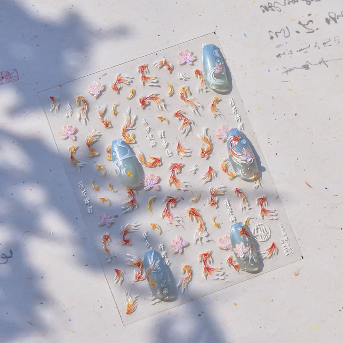 Goldfish Nail Art Stickers Sparkly Koi Nail Stickers 5D Embossed Shell Light Style Nail Decals Accessories Goldfish Adhesive Slider Manicure Supplies for Women DIY Decorations