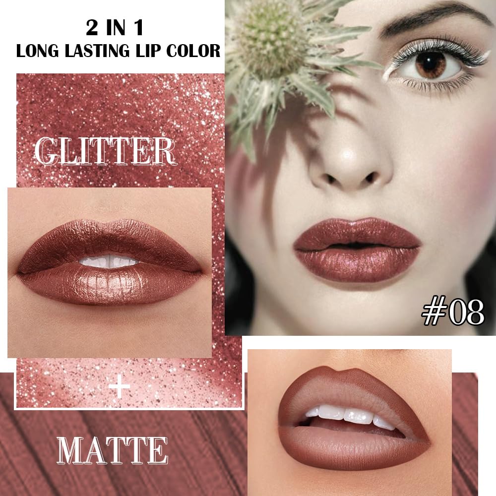 evpct Brown Bronze Metallic Glitter Lip Liner and Lipstick Combo Lip Gloss Stain Set Makeup for Women Long Lasting Waterproof 24, Hot Chocolate Metallic Shimmer Frosted Iridescent Liquid Lipstick 08