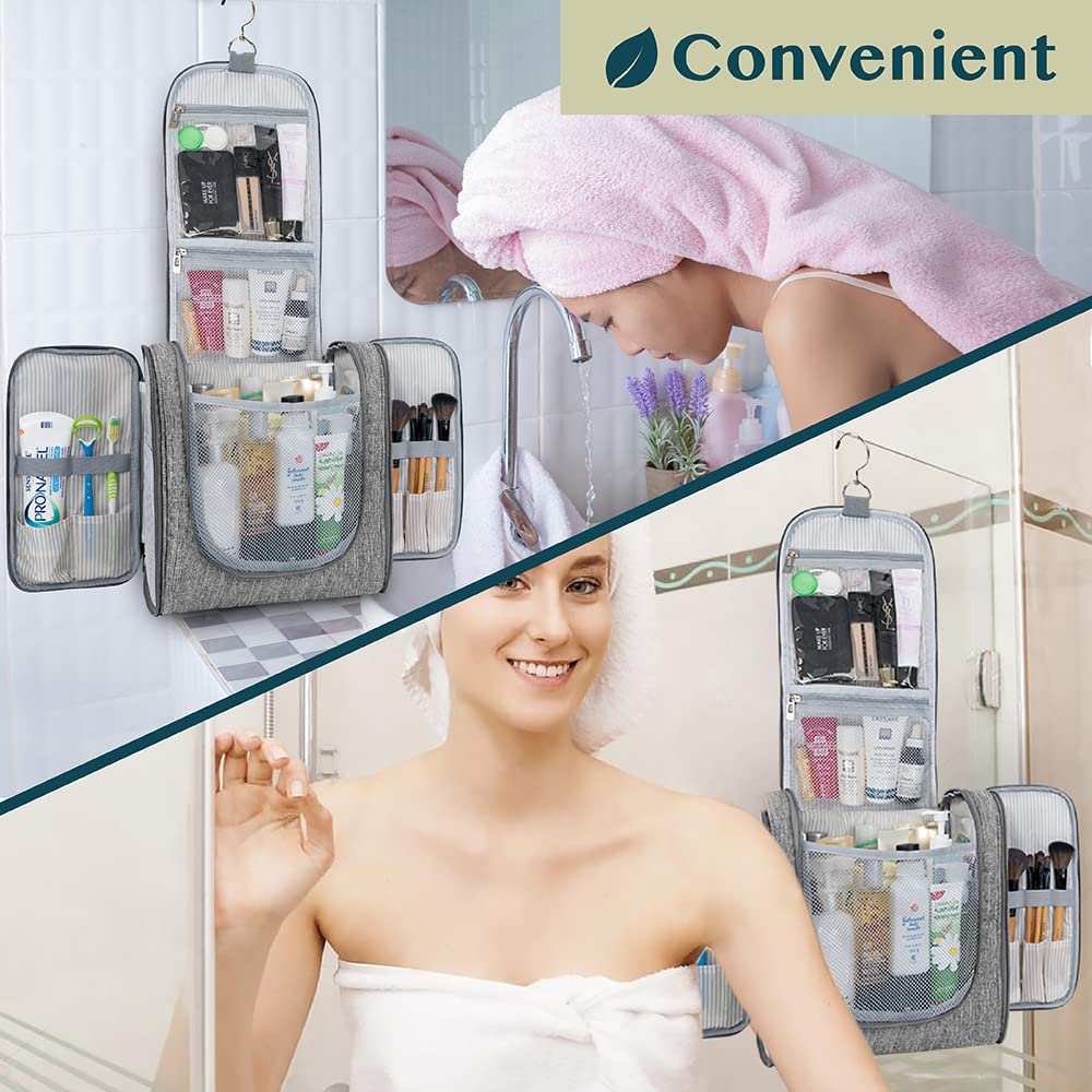 PAVILIA Extra Large Toiletry Bag Travel Bag for Women Men, Hanging Cosmetic Organizer, Water Resistant Makeup Bag for Accessories Toiletries, Travel Essentials Kit (Grey)