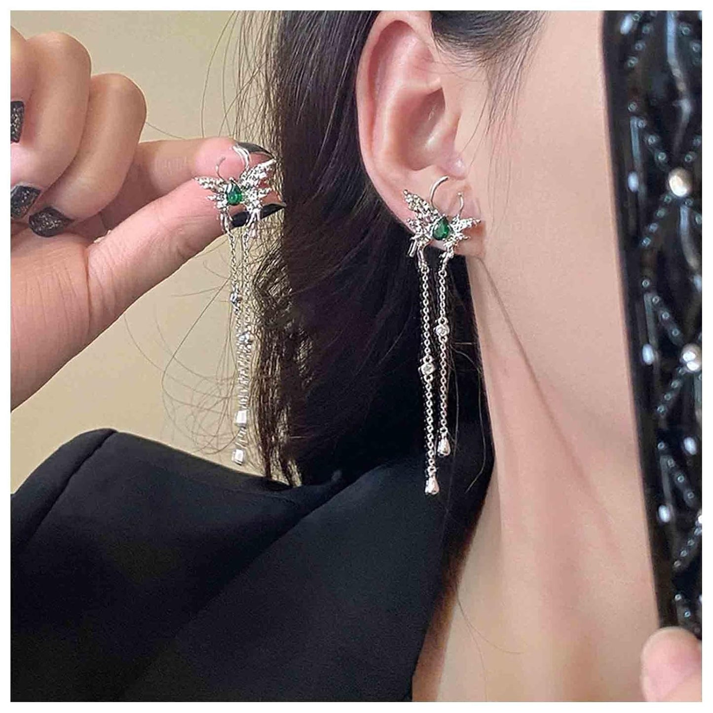 Vintage Emerald Butterfly Earrings Silver Chain Tassel Drop Earrings Butterfly Emerald Stud Earings Long Cz Chain Earrings Jewelry for Women and Girls