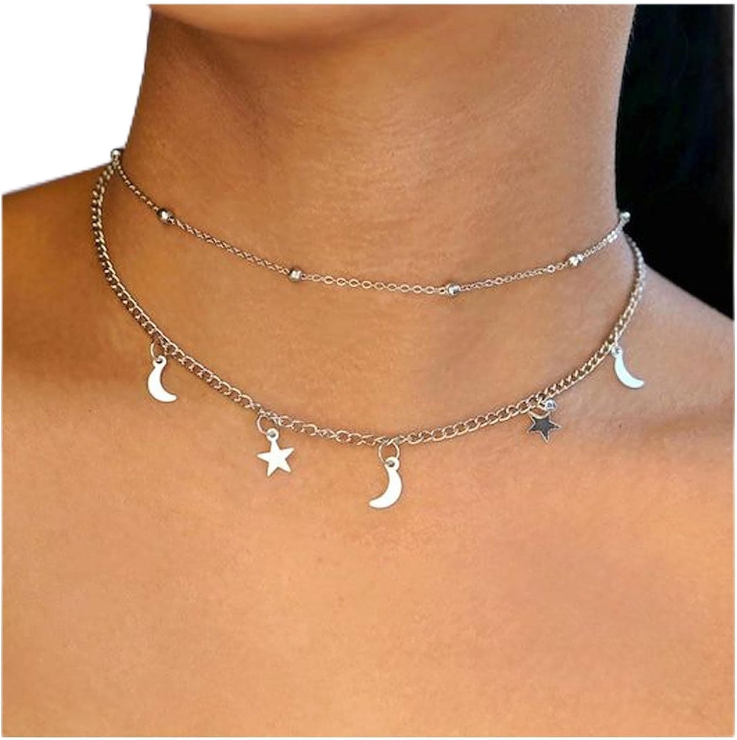 Boho Star Moon Necklace Choker Gold Layered Star Choker Necklace Crescent Moon Necklace Celestial Necklace Chain Festival Jewelry for Women and Girls