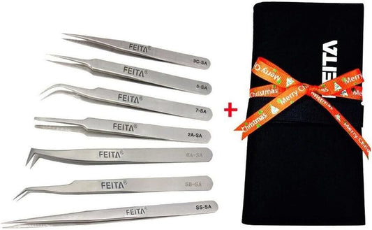 Professional Tweezers Set - FEITA Precision Tweezers with Travel Case - Stainless Steel Tweezers for Plucking, Watchmakers, Jewelry, Electronic, Craft (Silver 7Pcs)