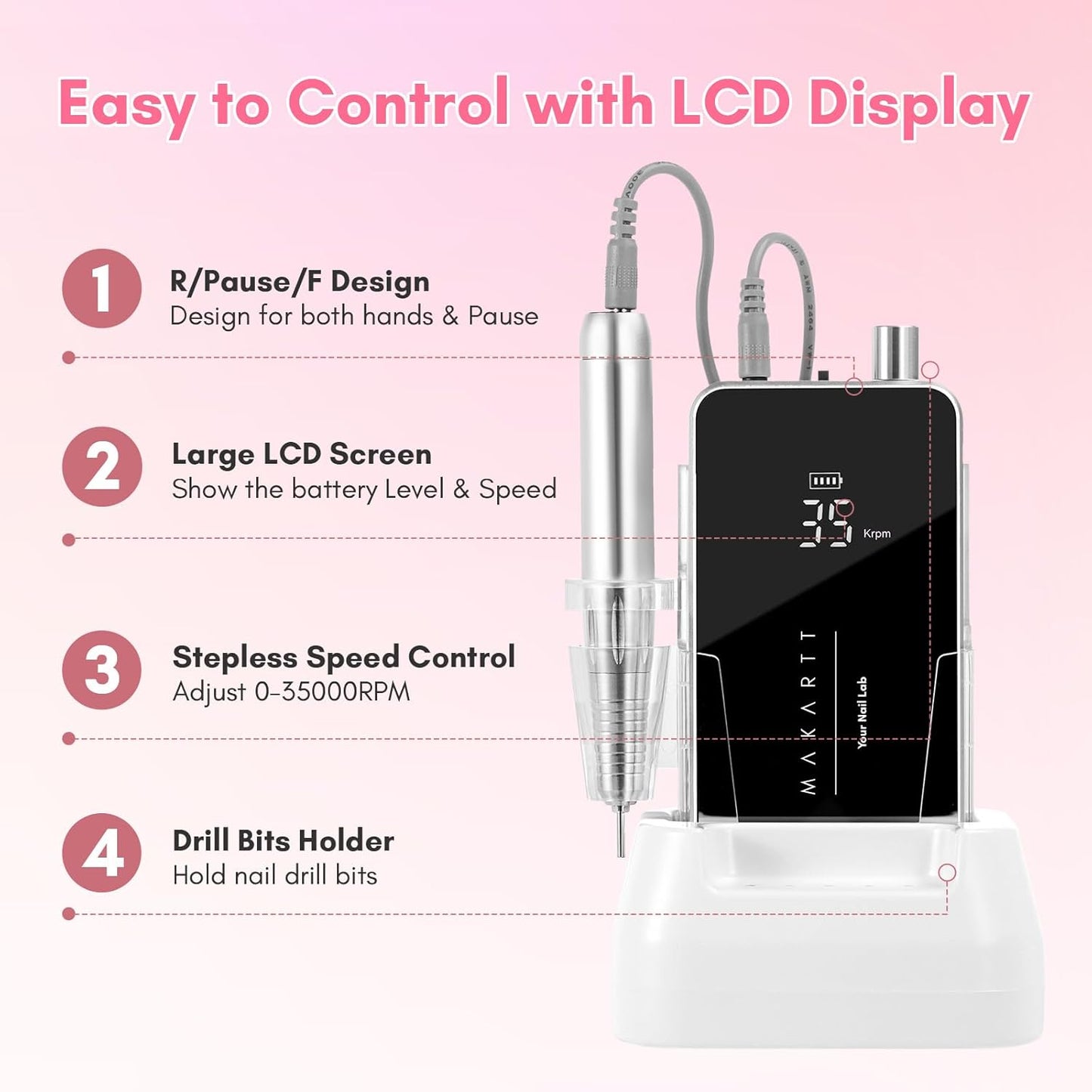 Makartt Electric Nail Drill - 35000RPM Rechargeable Efile with Coreless Motor, Nouvella Portable Nail Filer Machine for Acrylic Gel Removal with Drill Bits Set, Black