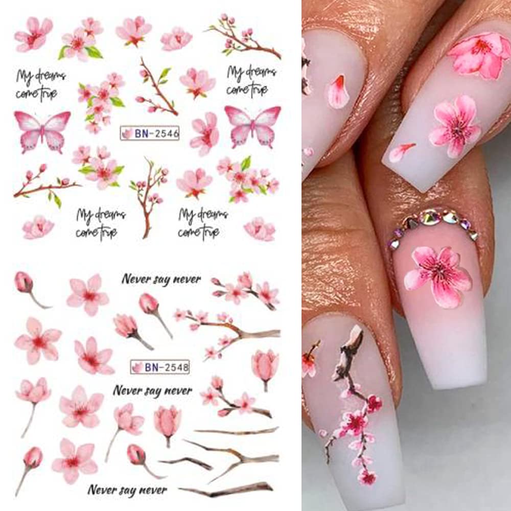 Cherry Blossom Nail Art Stickers - Pink Sakura Water Transfer Foils Decals, Spring Flower Supplies Wrap, Holographic Floral Pattern Acrylic Stickers for Women - 12 Sheets