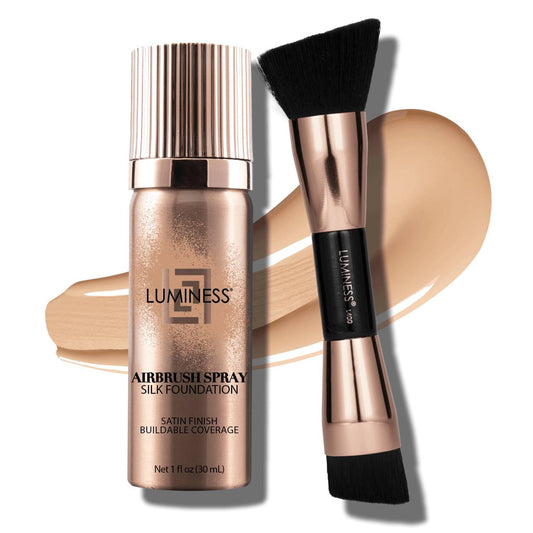 LUMINESS Silk Airbrush Spray Foundation 2-PC Kit - Foundation & Dual-Sided Angled Makeup Brush - Buildable Coverage, Anti-Aging Formula, Humidity Resistant, Hydrates & Moisturizes, Fair