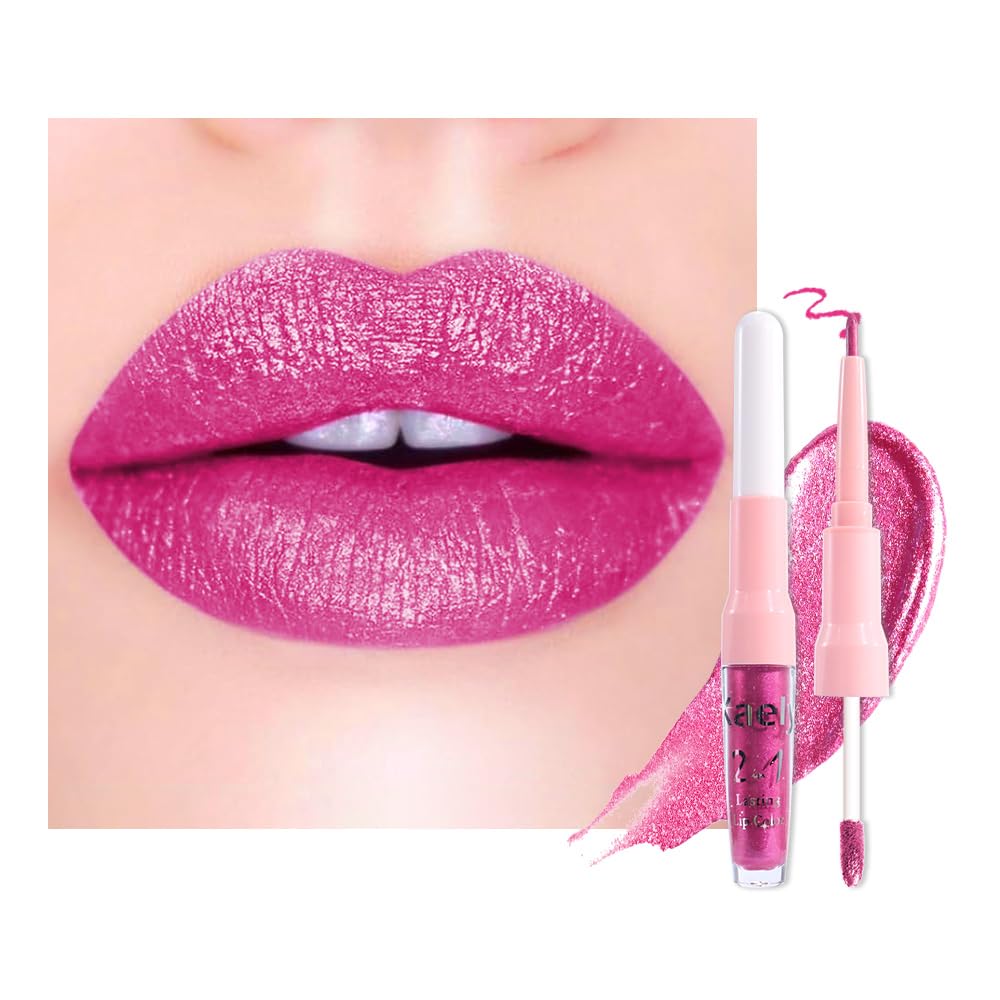 evpct Rose Metallic Glitter Lip Liner and Lipstick Combo Lip Gloss Stain Set Makeup for Women Long Lasting Waterproof 24, Metal Barbie Frosted Metallic Shimmer Glossy Iridescent Liquid Lipstick 15