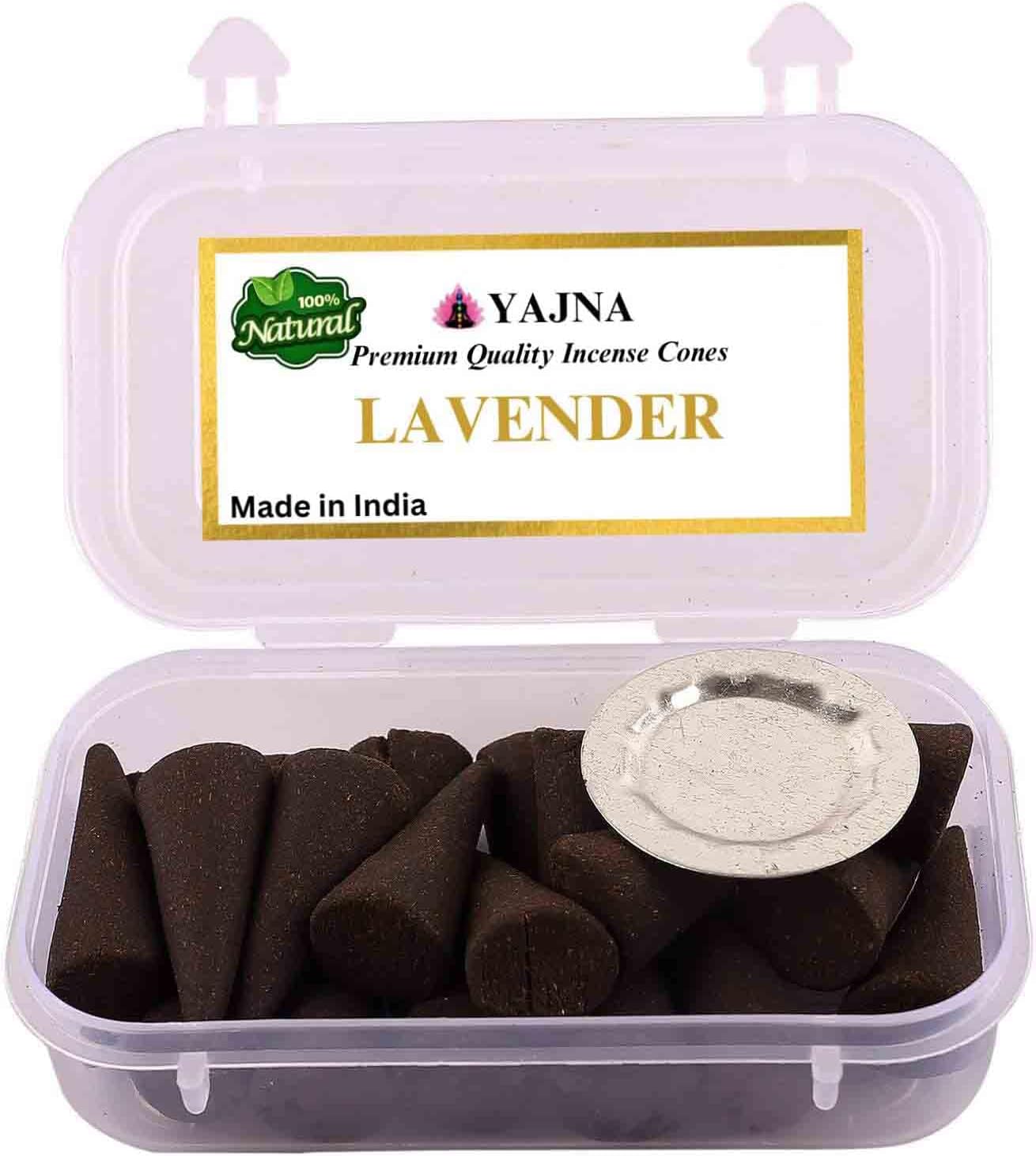 Yajna Lavender 100%-Natural-Incense-Cones Handmade-Hand-Dipped Organic-Chemicals-Free for-Purification-Relaxation-Positivity-Yoga-Meditation The-Best-scents (60 Count)