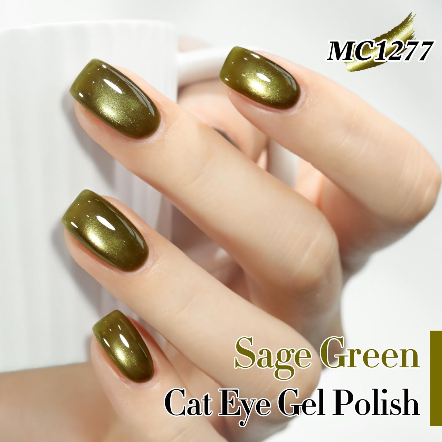 Double Rhythm 0.5 Oz Cat Eye Gel Polish with Magnet Same Color Same Bottle Holographic Glitter Shimmer Translucent Color Salon 15 ML Magnetic Nail Art (Sage Green-MC1277)