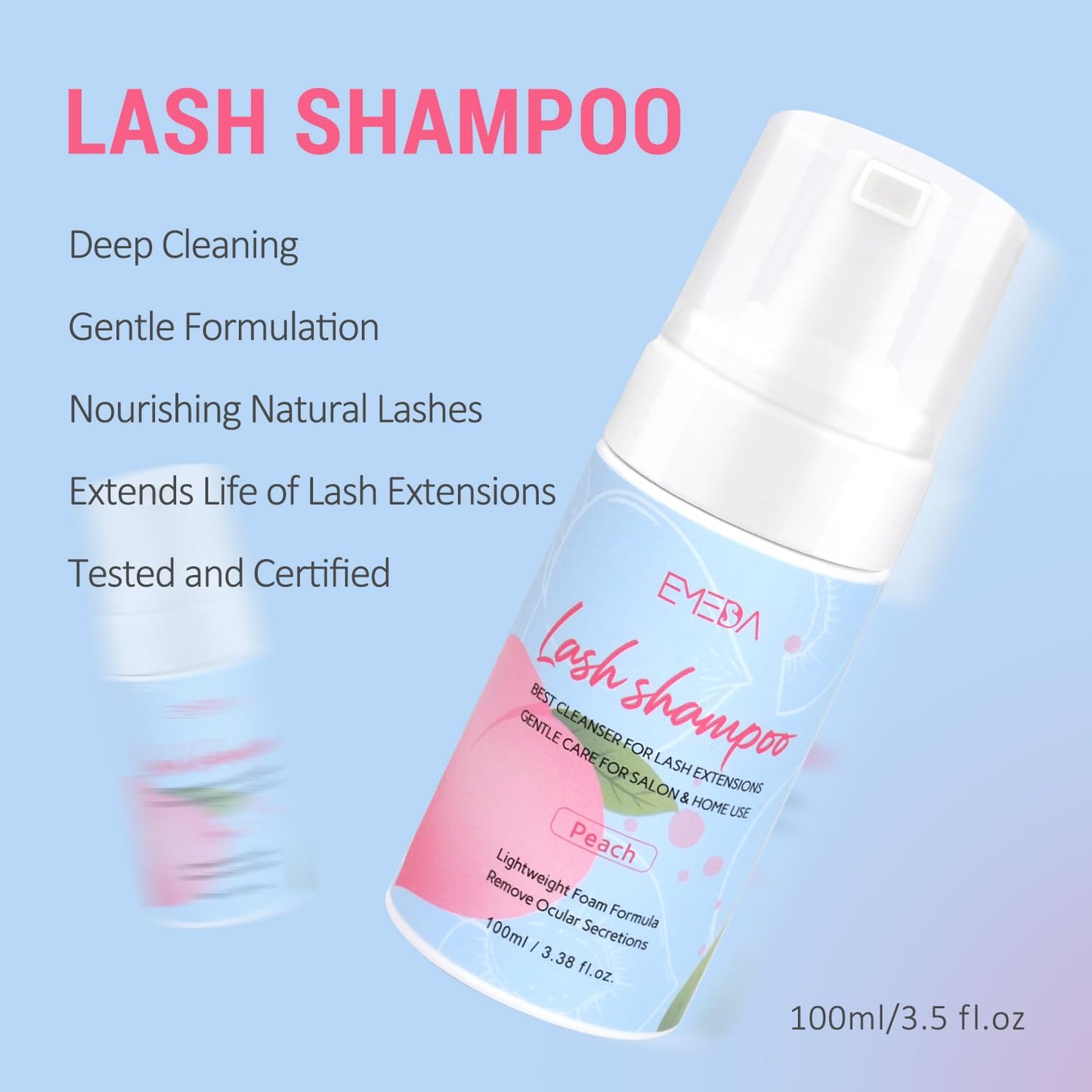 EMEDA Lash Shampoo Kit - 3.38 fl.oz / 100ml Gentle Foam Lash Cleanser, Oil-Free Cleaning for Wash Extension/Natural Eyelash Bath with Rinse Bottle Brush (Peach)