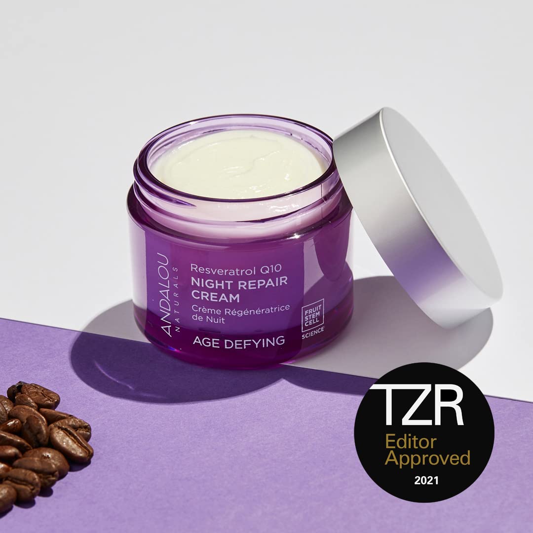 Andalou Naturals Resveratrol Q10 Night Repair Cream, For Dry Skin, Fine Lines & Wrinkles, For Softer, Smoother, Younger Looking Skin, 1.7 Ounce