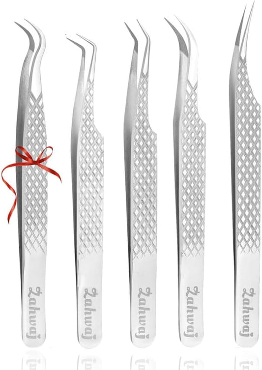 Lash Tweezers - Set of 5 Diamond Grip Eyelash Tweezers - Stainless Steel Professional Fiber Tip Lash Tweezer for Eyelash Extensions (Silver)