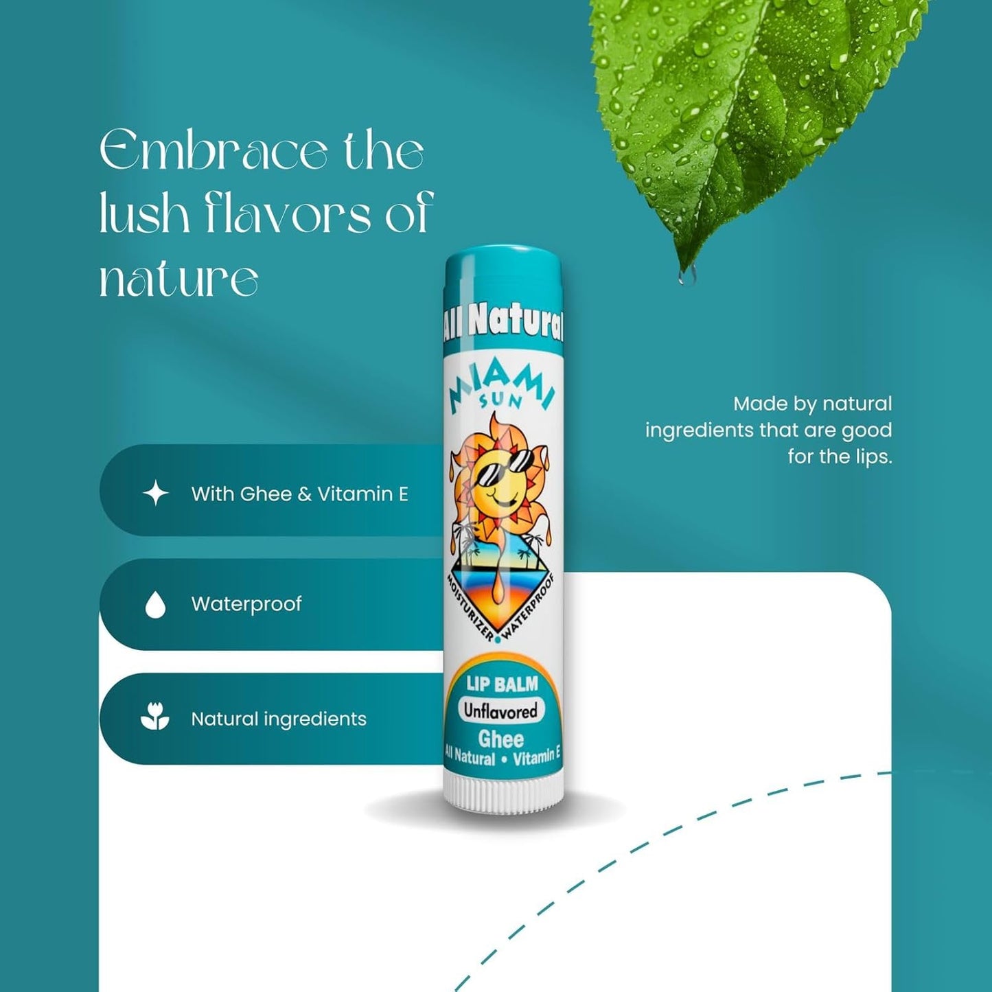 Miami Sun Natural Ghee Lip Balm, Hydrating Lip Treatment with Shea Butter & Beeswax, Organic & Non-Toxic, Best for Dry, Chapped Lips - Moisturizing, Healing, Chemical-Free Lip Care (1 Count, Natural)