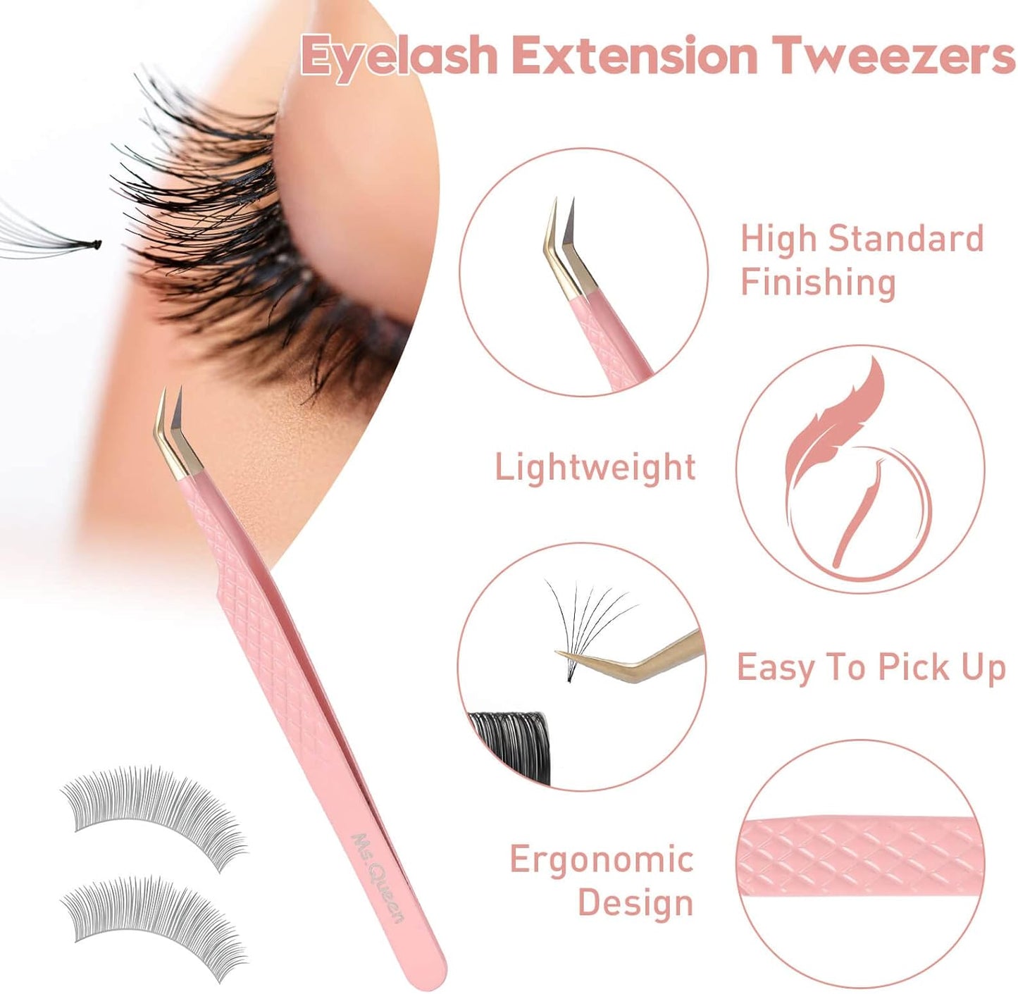 Ms.Queen 45 Degree Tweezers for Lash Extensions,Precision Fiber Tip Eyelash Tweezers for Volume Eyelash Extensions