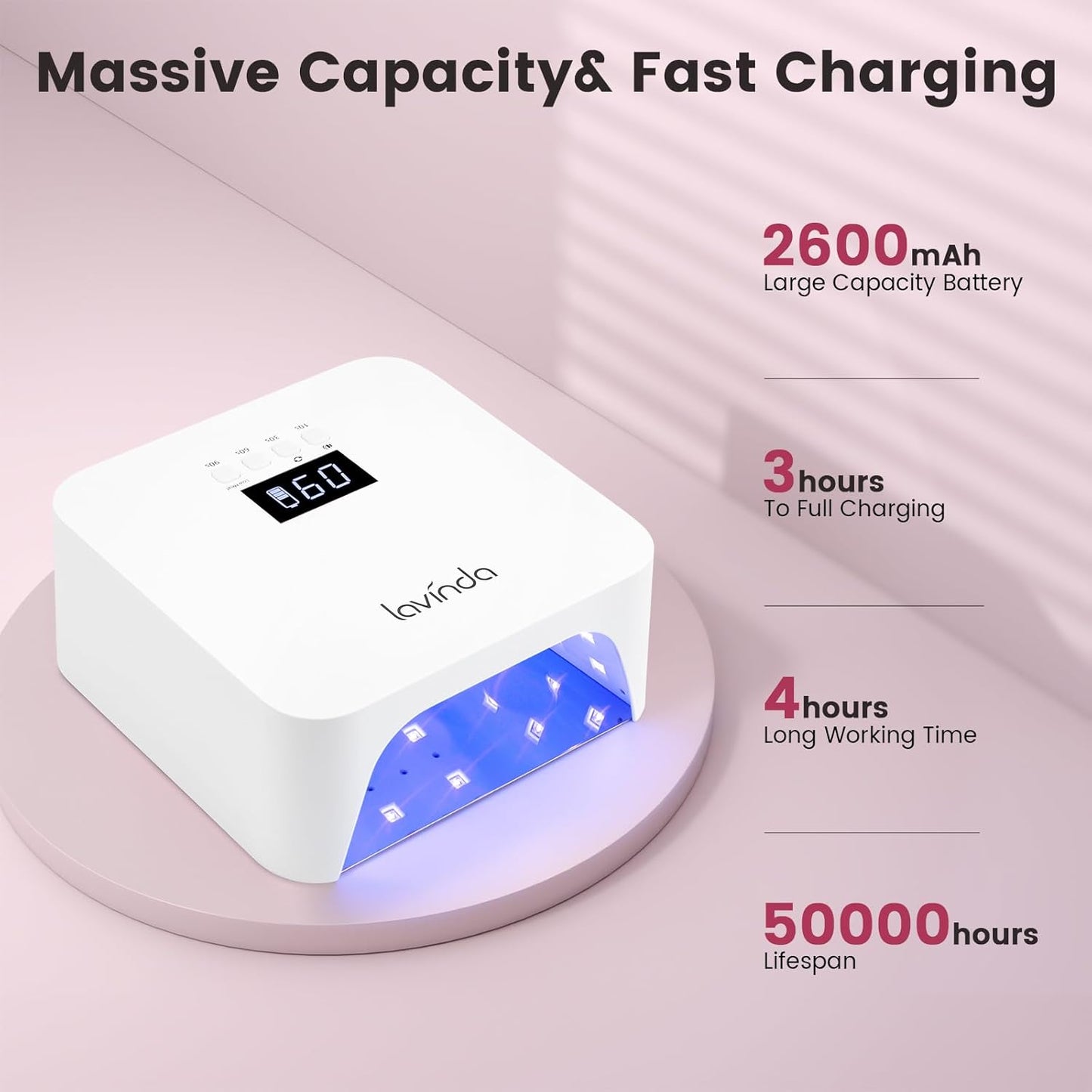 Lavinda 48W UV LED Nail Lamp, Rechargeable Cordless UV Light for Gel Nails LED Nail Dryer with Auto Sensor, 4 Timer Settings & LCD Display, Fast Curing Light All Gel Polish for Home Salon Use