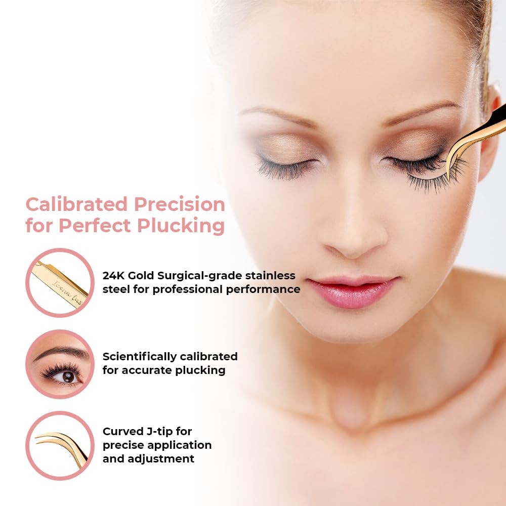 Hair Removal & Eyelash Tweezer - J-curved Tip for Precise Plucking - Applicator Tool for False Eyelash Clusters & Lash Extensions - 24K Gold Plating, Stainless Steel - Case Included