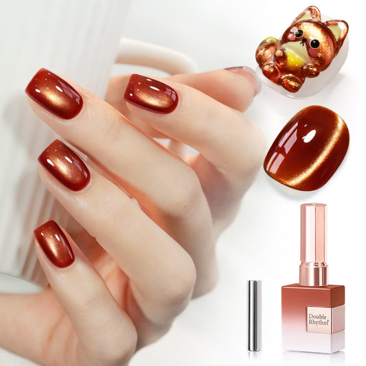 Double Rhythm 0.5 Oz Cat Eye Gel Polish with Magnet Same Color Same Bottle Holographic Glitter Shimmer Translucent Color Salon 15 ML Magnetic Nail Art (Red Brown-MC1279)