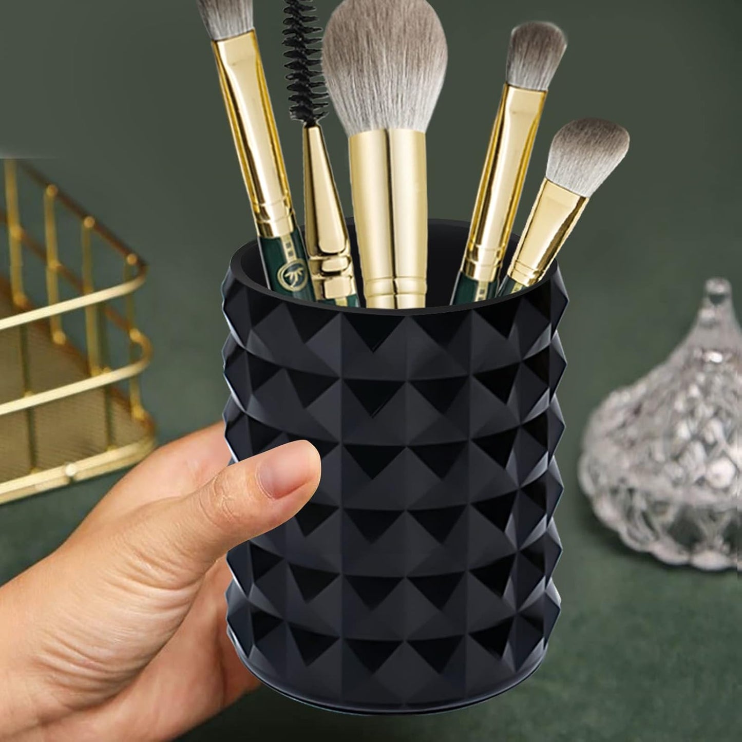 Acrylic Makeup Brush Holder Organizer, Black Pencil Pen Holder, Crystal Cosmetics Brushes Cup Storage Solution, Round