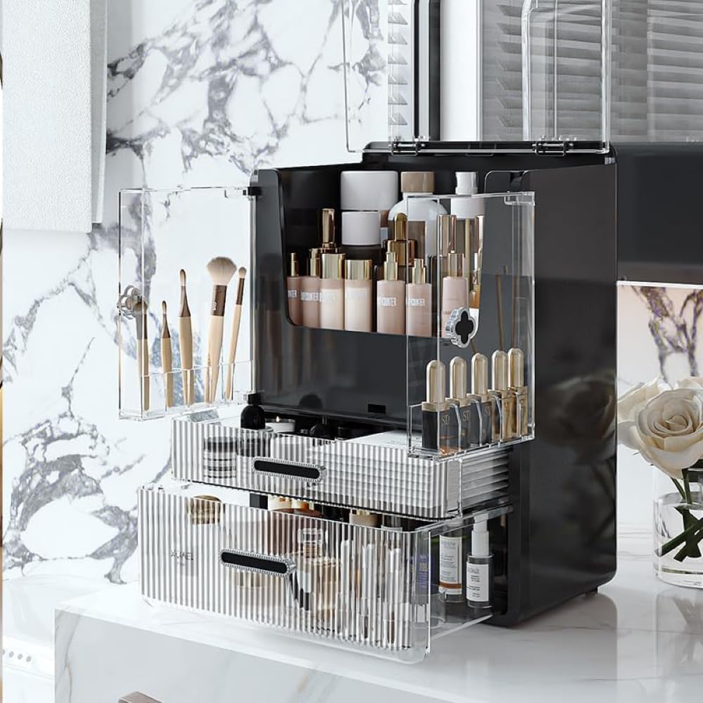 Acrylic Makeup Organizer with Drawers – 38.5CM Large Capacity Cosmetic Storage Box, Dustproof & Waterproof Vanity Organizer for Skincare, Jewelry, Lipsticks & Beauty Products (Black)
