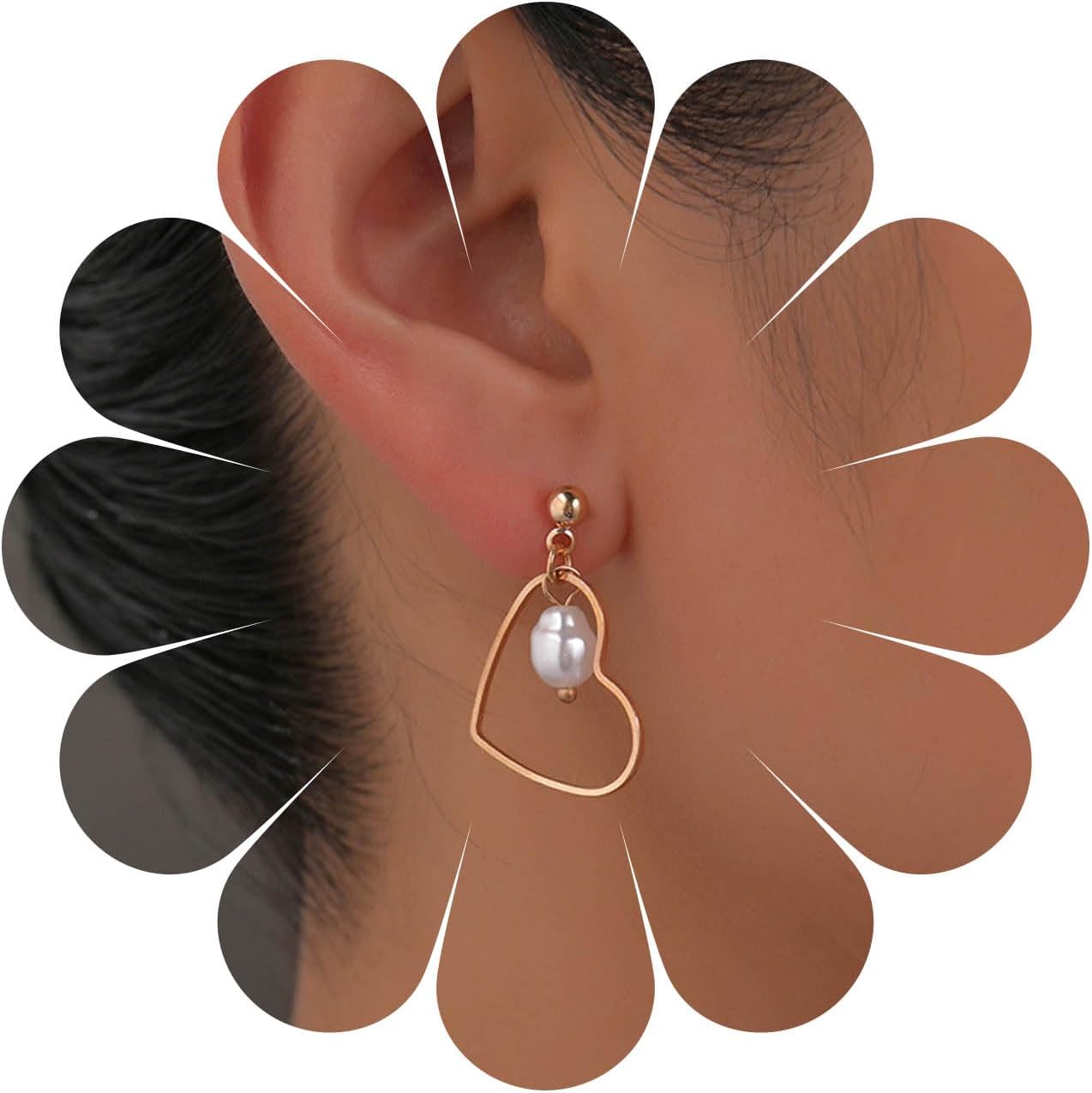 Boho Tiny Pearl Heart Drop Earrings Vintage Gold Hollow Heart Dangle Earrings Statement Faux Pearl Heart Hoop Earrings Jewelry for Women