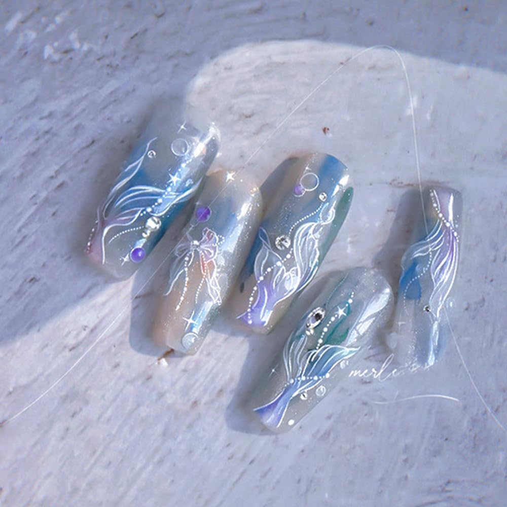 Mermaid Nail Art Stickers Sparkly Fishtail Nail Stickers 5D Embossed Shell Light Style Nail Decals Accessories Mermaid Adhesive Slider Manicure Supplies for Women DIY Decorations