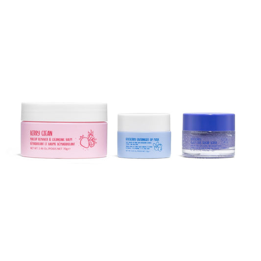 W7 Very Berry Clean - Makeup Cleansing Balm, Lip Mask & Scrub Trio - Gentle Makeup Remover & Overnight Lip Care Set