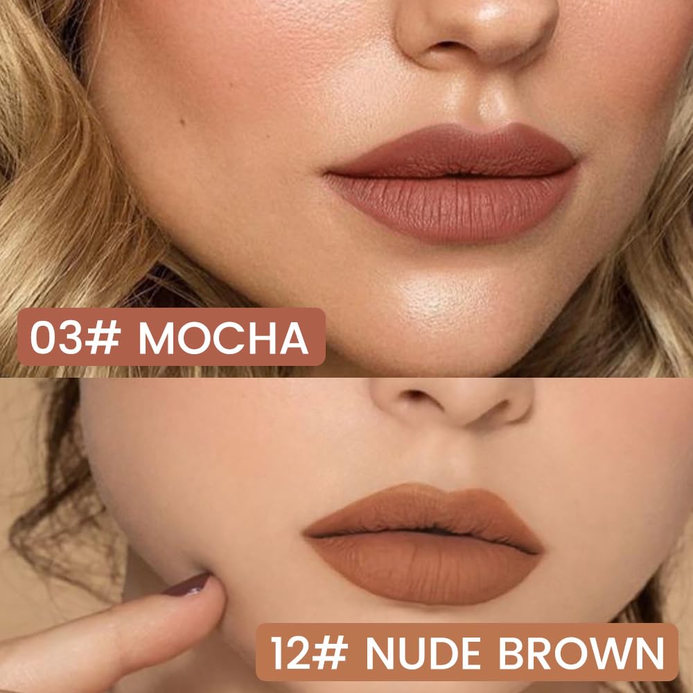 2Pcs Longwear Liquid Lip Liner Stain Marker Pen Set Long Lasting Waterproof, Mocha Nude Brown Matte Semi Permanent 24 Hour Lip Liner and Lipstick Combo, Color Stay Lipliner All Day Lip Stains peel off