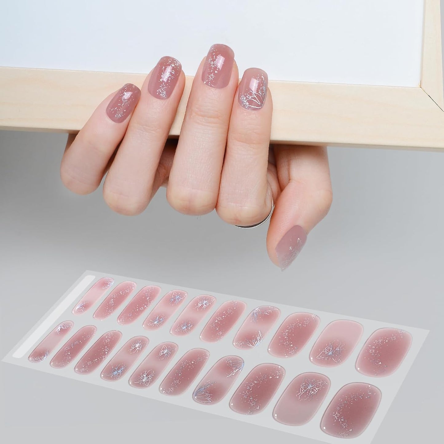 WOKOTO 1 Sheet Semi Cured Gel Nail Strips With Wood Stick, Nail File & Prepared Pads, 20 Tips Light Pink With Glitter Semi Cured Nail Polish Strips, Harden With UV Light Gel Nail Stickers For Women